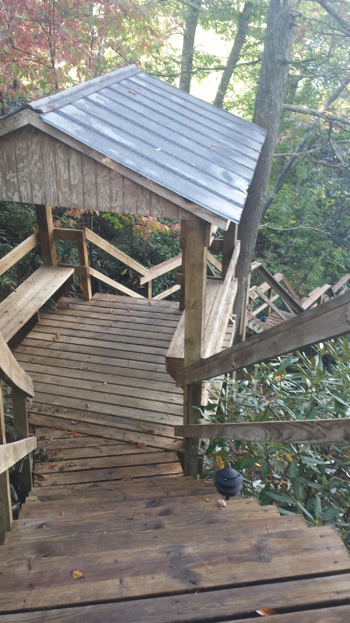 Metal roofed shelter over wooden steps on a wooded walkway — Skylight Repair & Installation work by our crew in Chrisney
